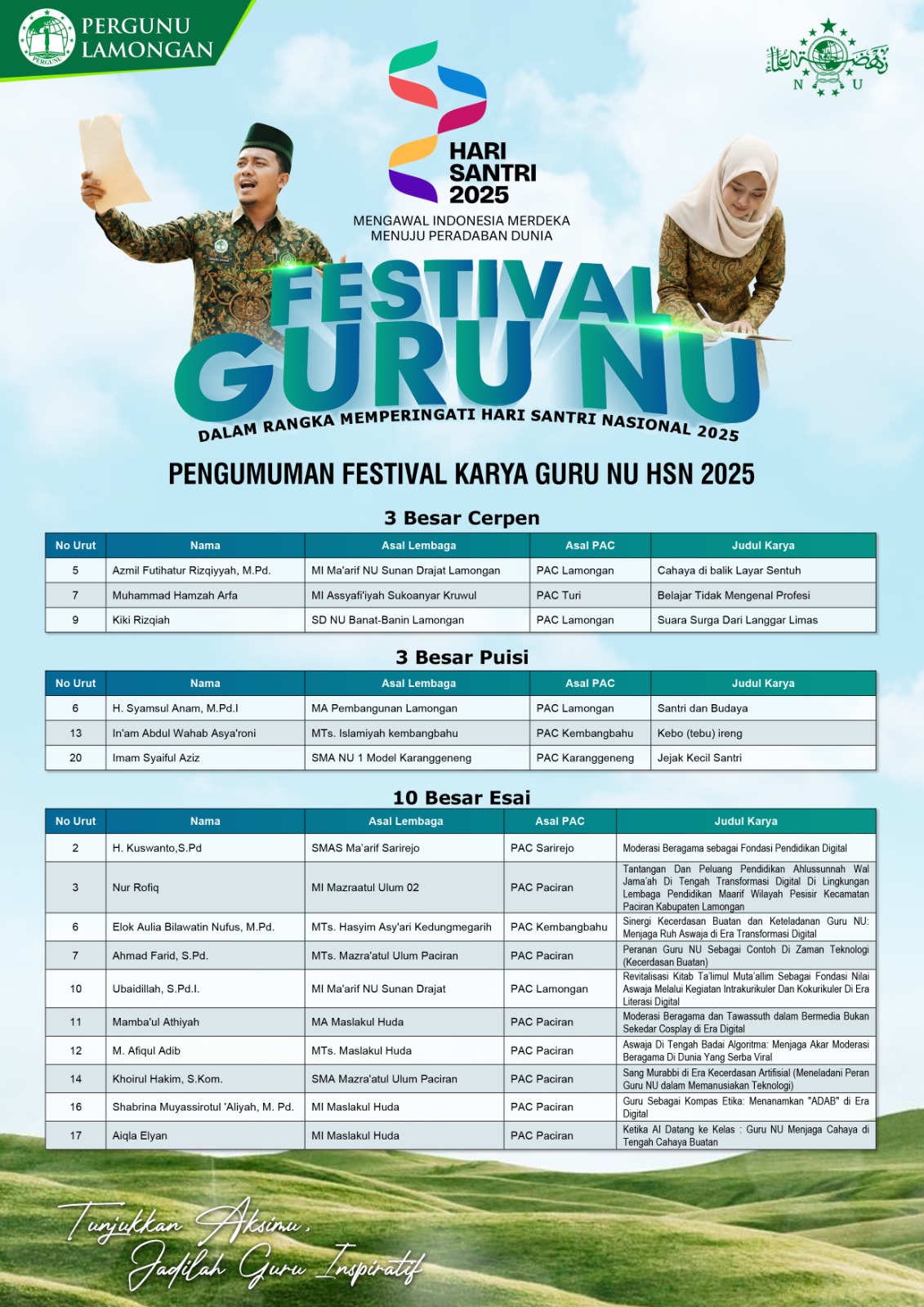 Festival Guru NU Umumkan Nominator Puisi, Cerpen, dan Esai: Penghargaan Puncak Digelar 23 Oktober